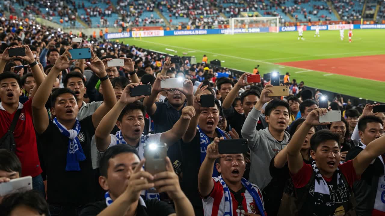 Excited Fans Celebrate with Phones in the Air Capturing the Thrill of the Game in a Packed Stadium, Showcasing Passion and Enthusiasm for Their Team