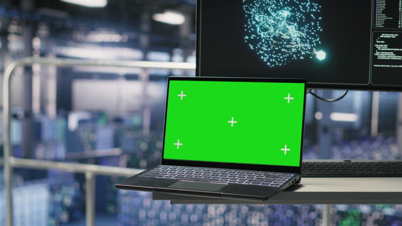 Mockup notebook in data center displaying neural network activity