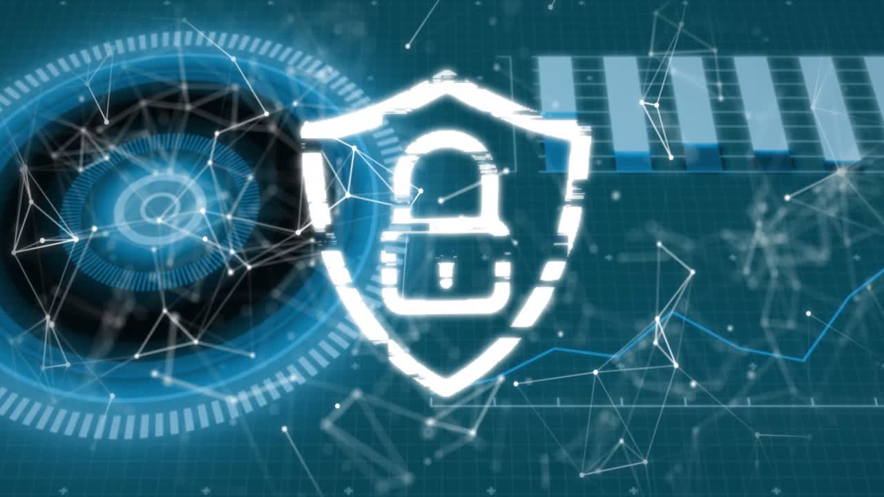 연결, 데이터 및 디지털 방패의 애니메이션 녹색 배경에  ⁇ 락이 있습니다.