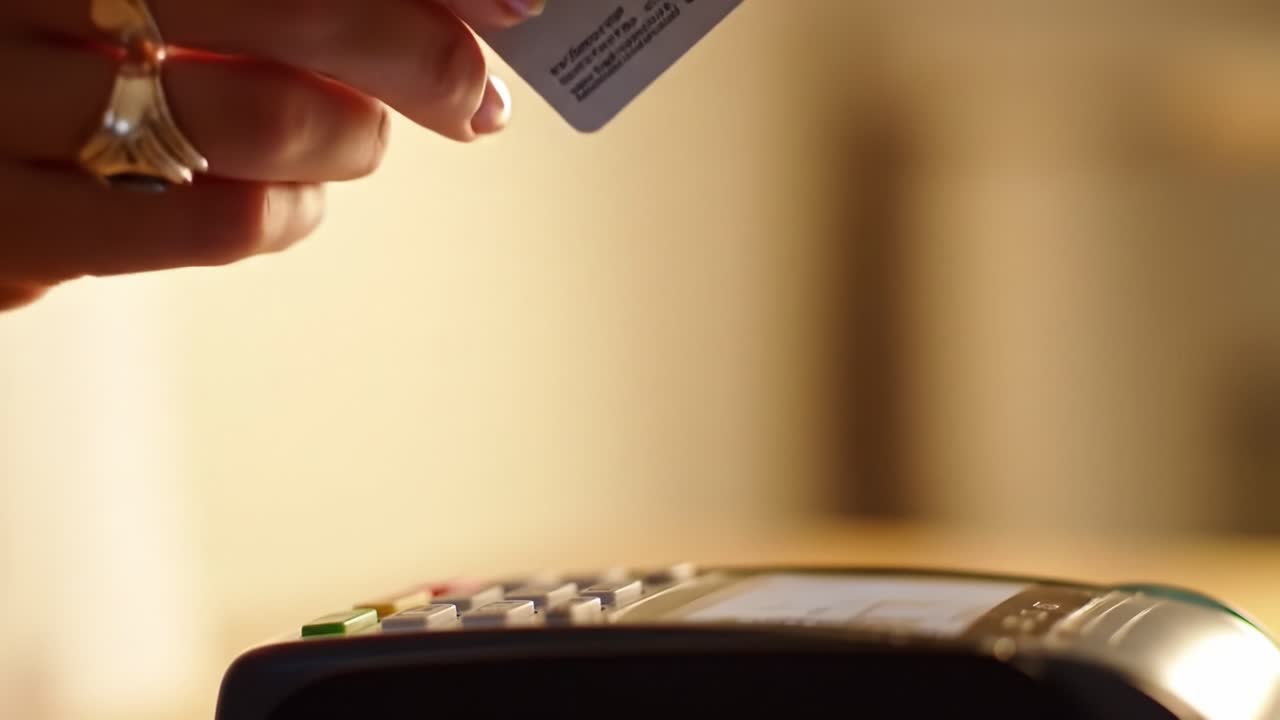 A close-up view of a hand holding a credit or debit card poised over a payment terminal, demonstrating the convenience of contactless transactions in modern retail settings.