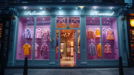 illuminated clothing store facade at night with bright displays