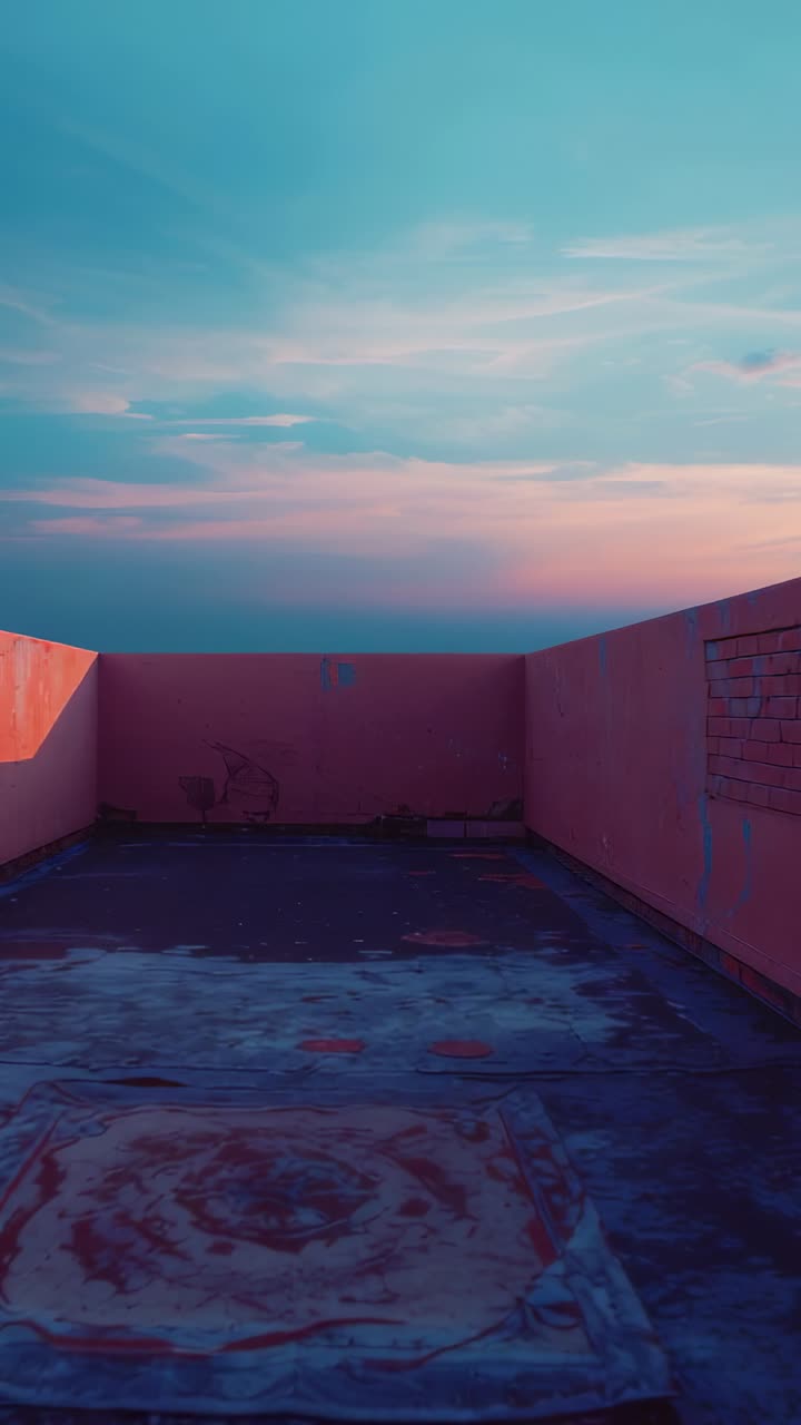 Vertical video: Opening shot showing rooftop terrace at dawn, with stained floor and pastel sky