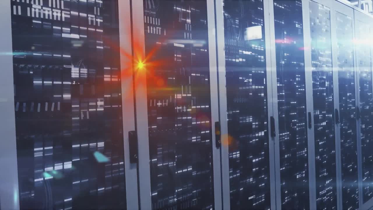 Animation of glowing red light moving over data processing on computer servers