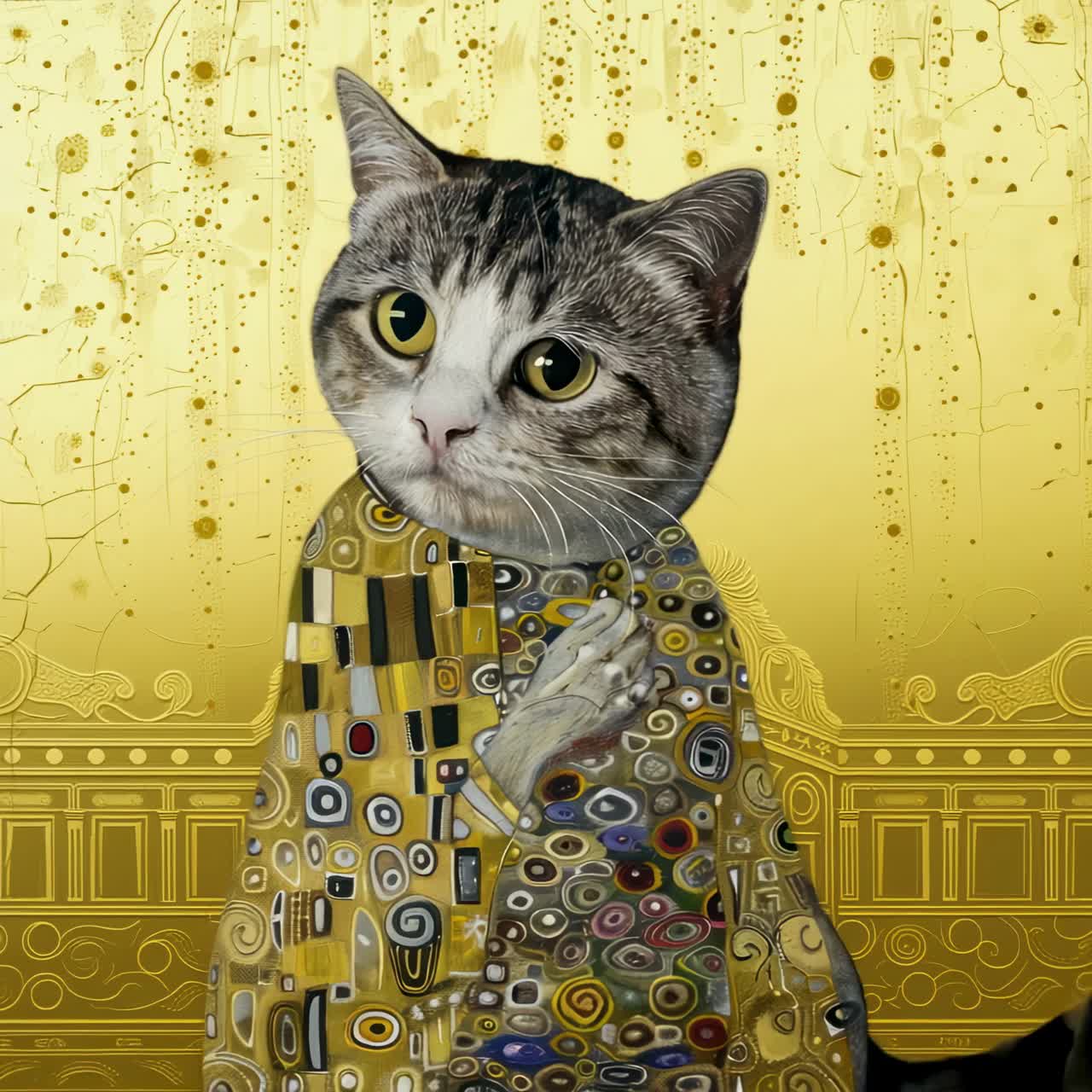 A whimsical cat portrait inspired by Klimt's style, featuring intricate patterns