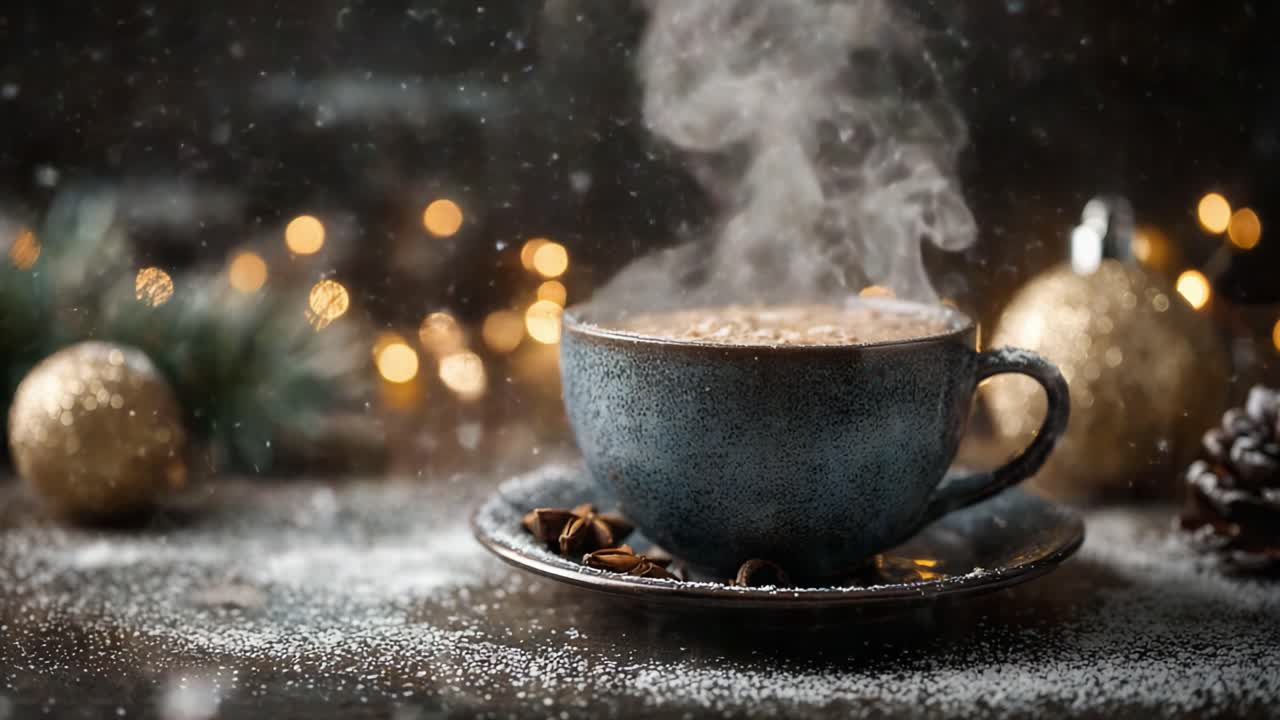 A Cozy Cup of Steaming Beverage Surrounded by Winter Decor, with Snow Flurries and Dazzling Lights Creating a Warm and Inviting Atmosphere