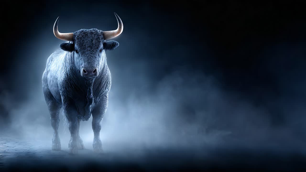 A Majestic Bull Stands in Ethereal Fog, Showcasing Its Strength and Grace as It Charges Forward with Power and Authority in a Captivating Visual Display