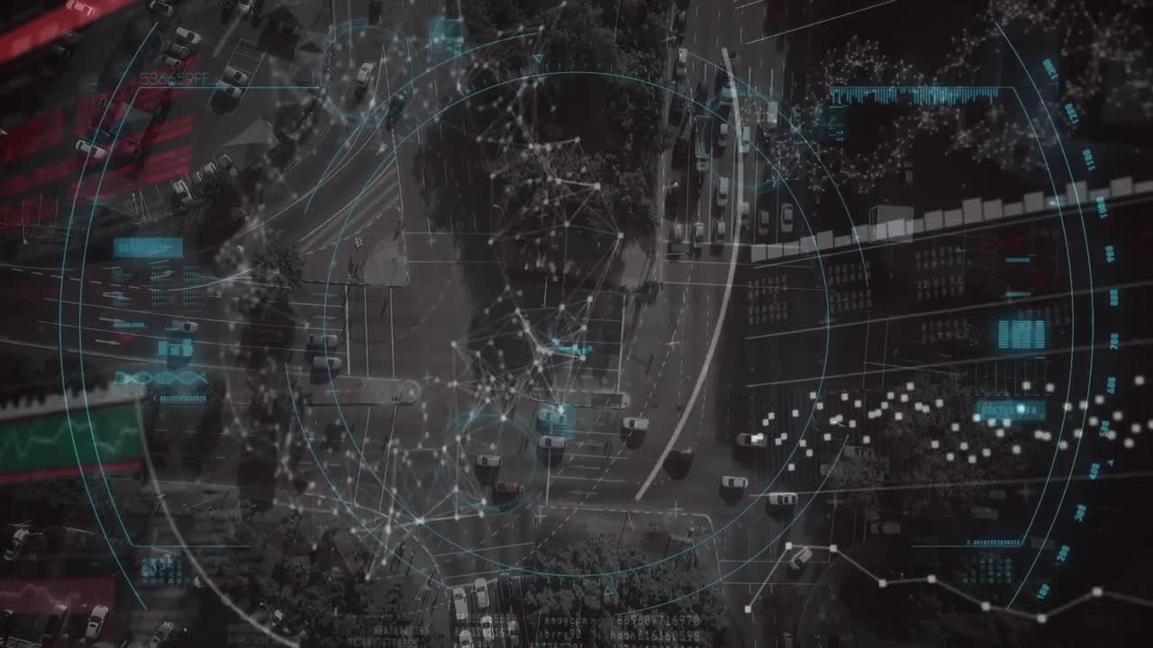 Animation of scope scanning and data processing over cityscape