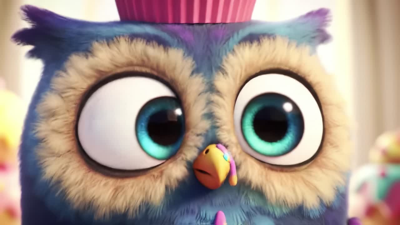 An adorable animated owl character adorned with a playful cupcake on its head engages in a delightful moment, capturing the essence of charm and whimsy in a colorful, whimsical setting.