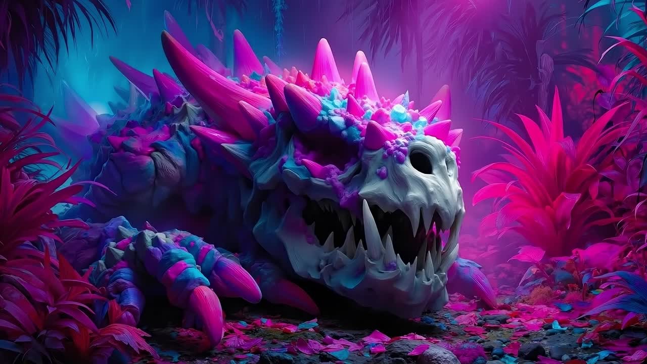 A purple and pink dragon in the middle of a jungle