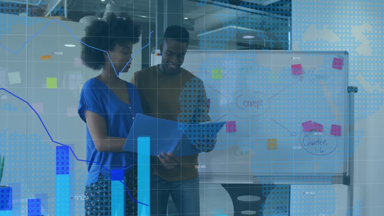 Animation of financial data processing over diverse business people