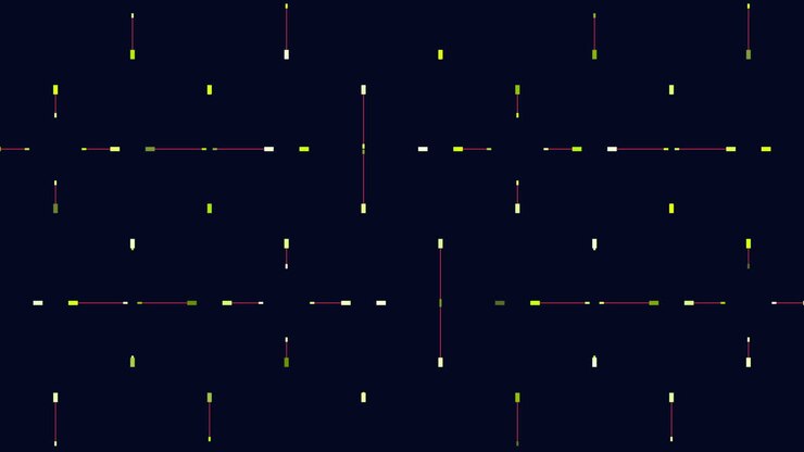 Abstract digital HUD grid with neon lines and glitch particles on dark background