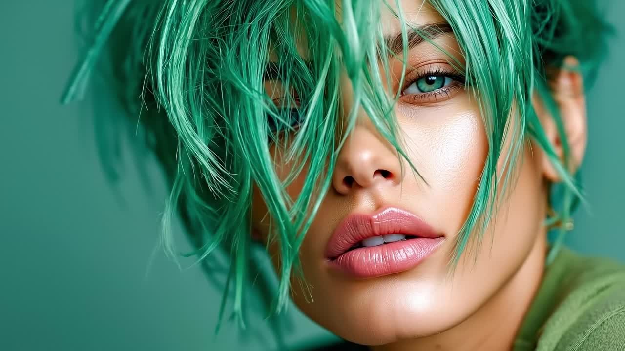 una mujer con cabello verde y ojos azules