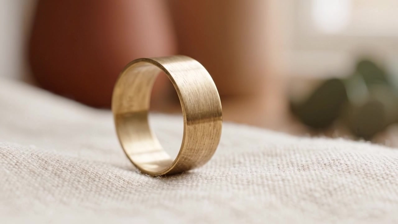 Primo piano di un bellissimo anello d'oro con una finitura elegante e opaca, su tessuti morbidi ed elementi naturali, perfetto per la fotografia di gioielli eleganti.