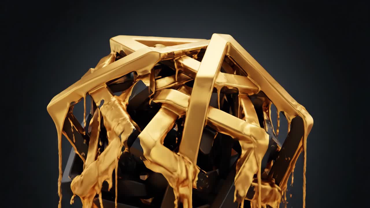 Cubo geometrico astratto con liquido dorato