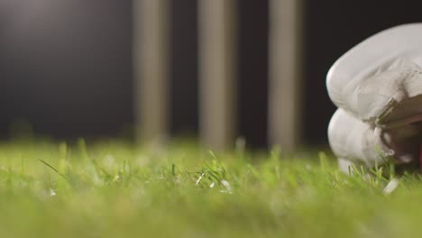 cricket-stillleben mit close-up-ball, der in handschuhen auf dem gras vor stümpfen liegt 4