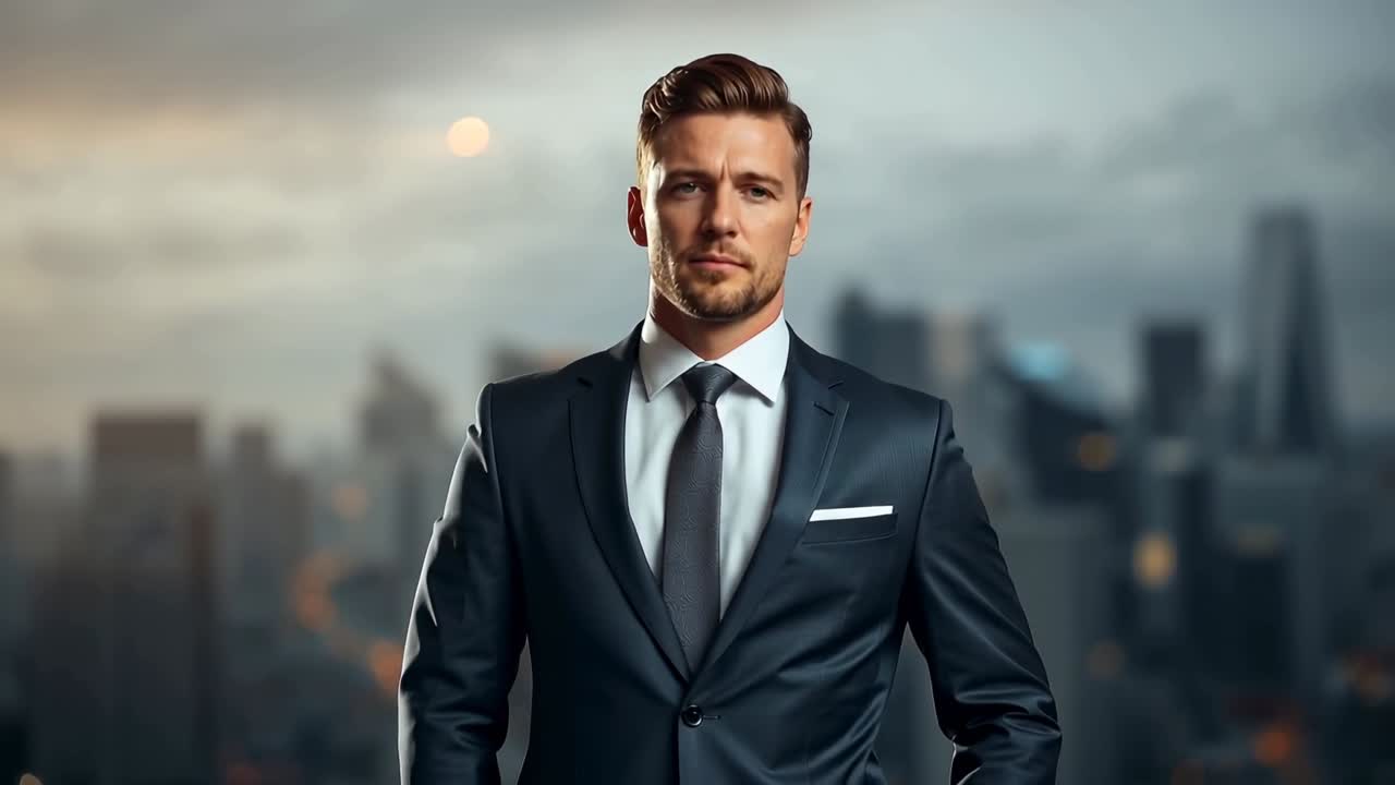 Camera zooming as executive in suit straightening posture on rooftop for close-up, blurred skyline