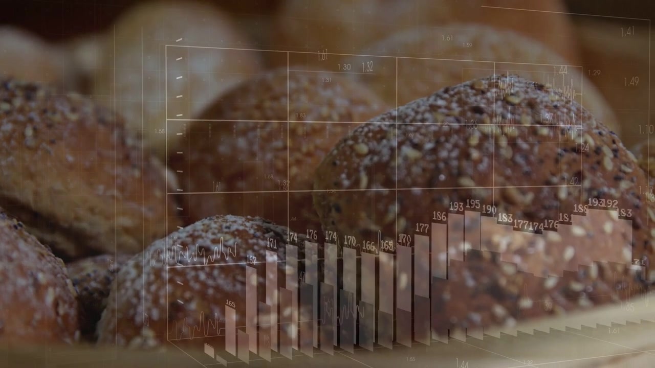 Vídeo vertical: Pães com sementes em uma cesta, câmera em movimento, grade HUD com barras de sinalização subindo para vendas de alimentos