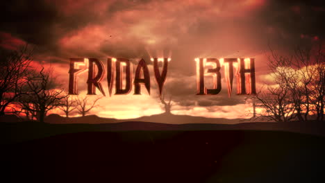 animation text friday 13th and mystical animation halloween background with dark clouds and mountains