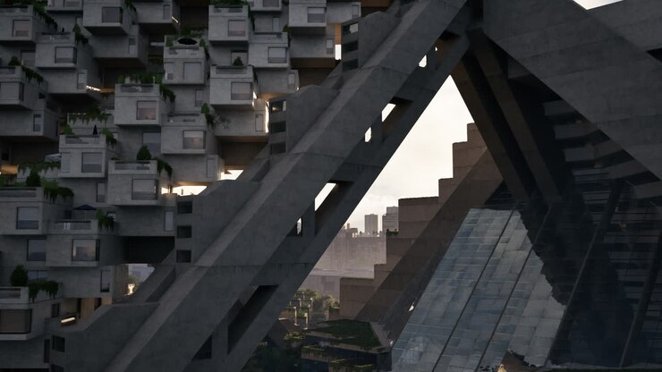 Megastruttura futuristica in cemento: una città verticale densa
