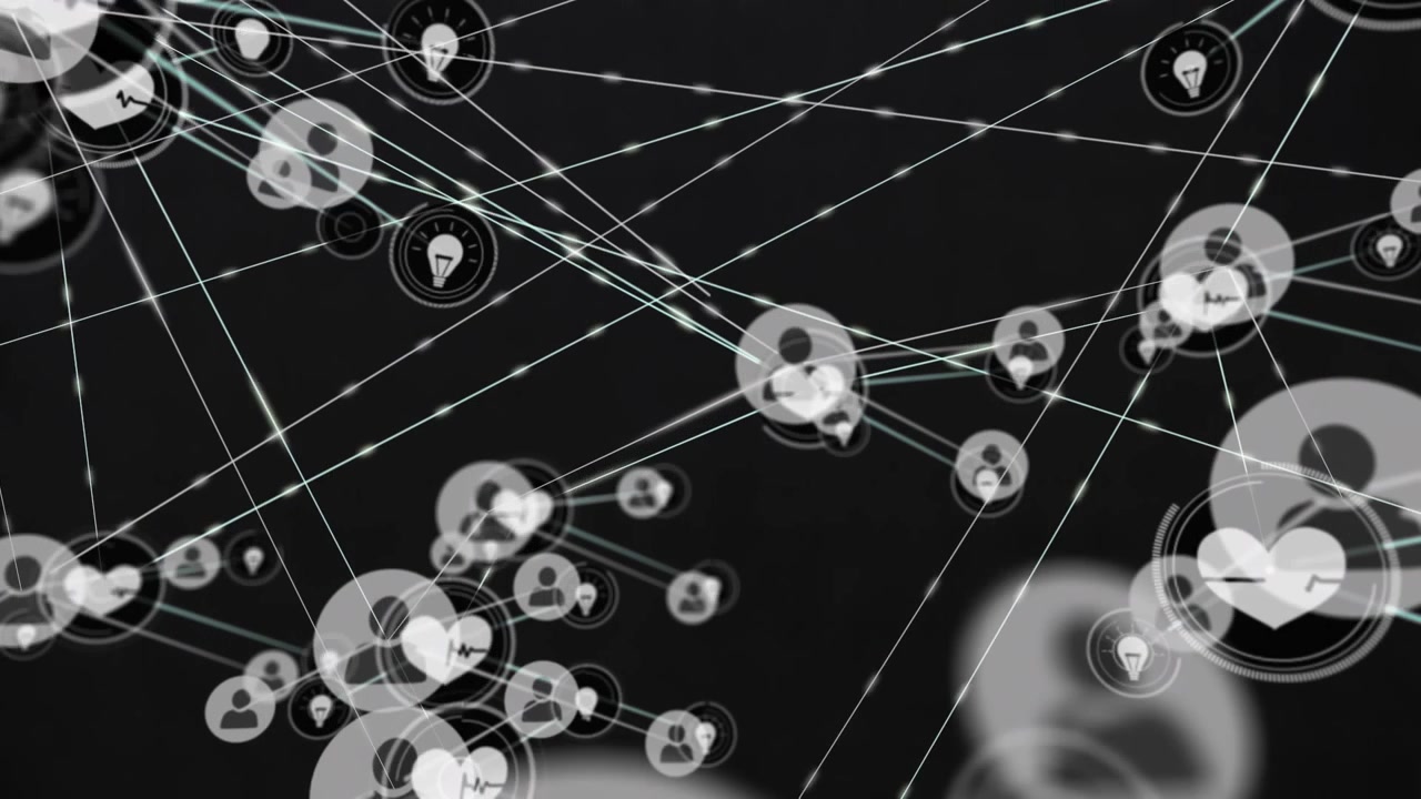 Animation of network of profile and digital icons against black background