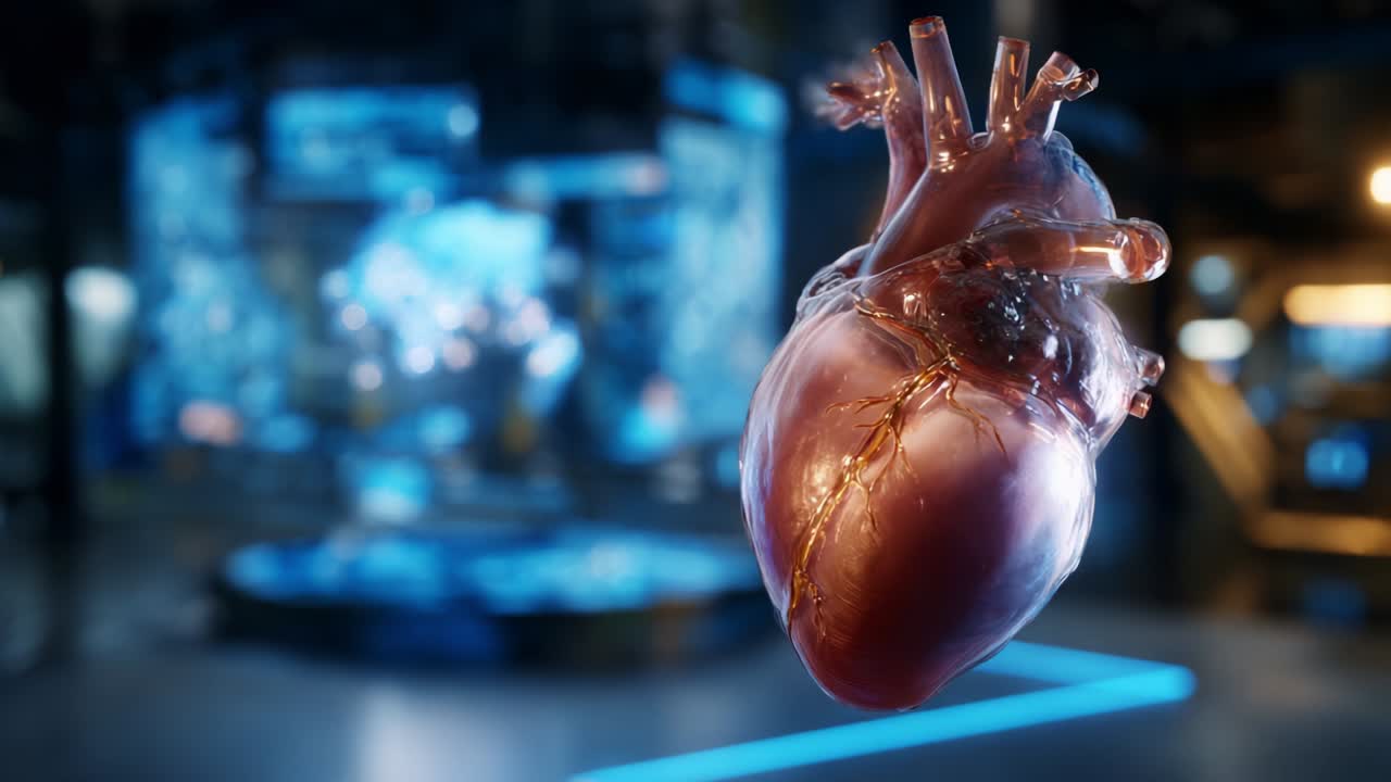 A stunning, hyper-realistic 3D representation of a human heart, vividly illustrated and suspended in mid-air, showcasing intricate details and anatomical accuracy against a futuristic digital backdrop