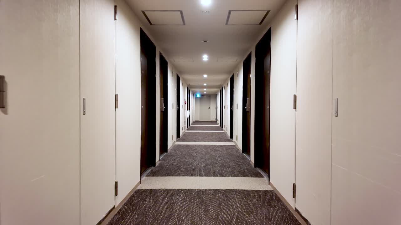 Long corridor stretching through an empty hotel, featuring numerous doors and a plush carpet underfoot, creating a serene atmosphere