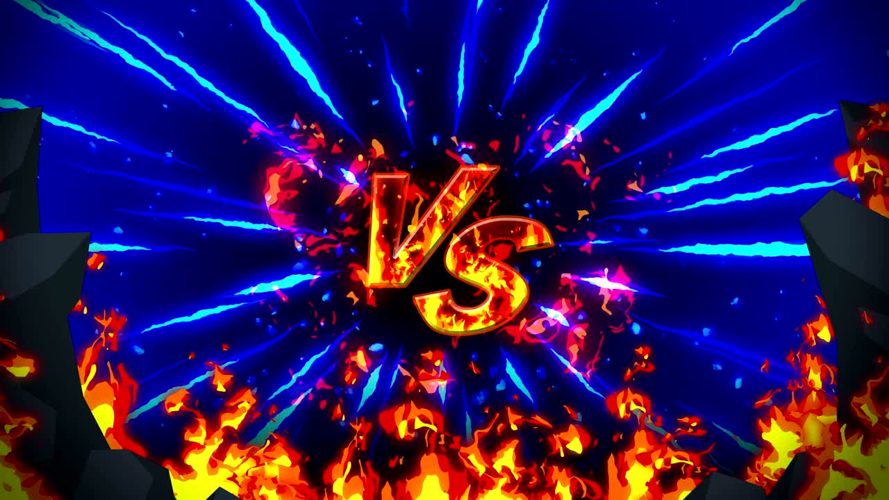 만화 화재 애니메이션. 불꽃 루프 배경. 경쟁. 전투 게임. 아이콘에 대항. 아이콘과 대결.