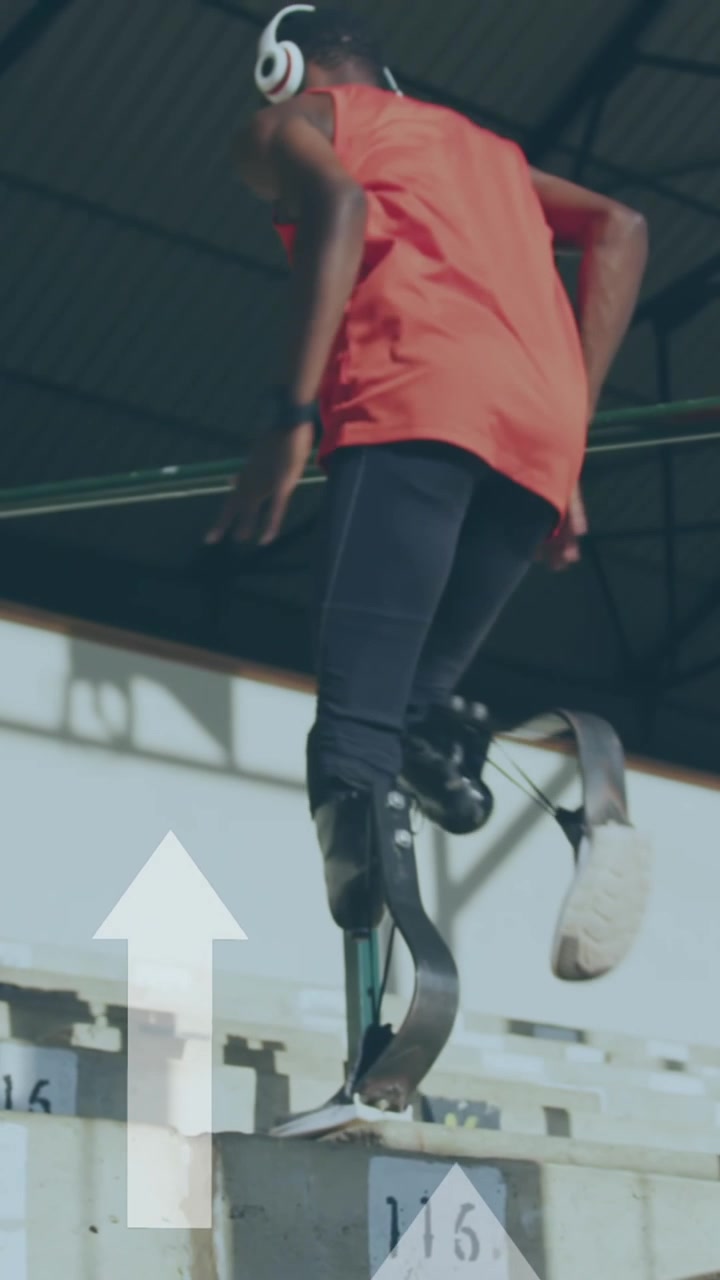 Animation of arrows over disabled african american male runner