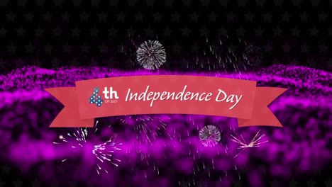 Animation-of-text-4th-independence-day-on-red-banner,-with-fireworks-over-pink-landscape-on-black