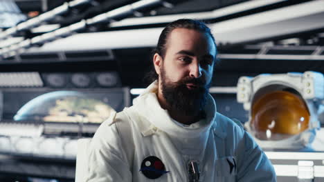 astronaut studying cosmic origins talks with earth command center