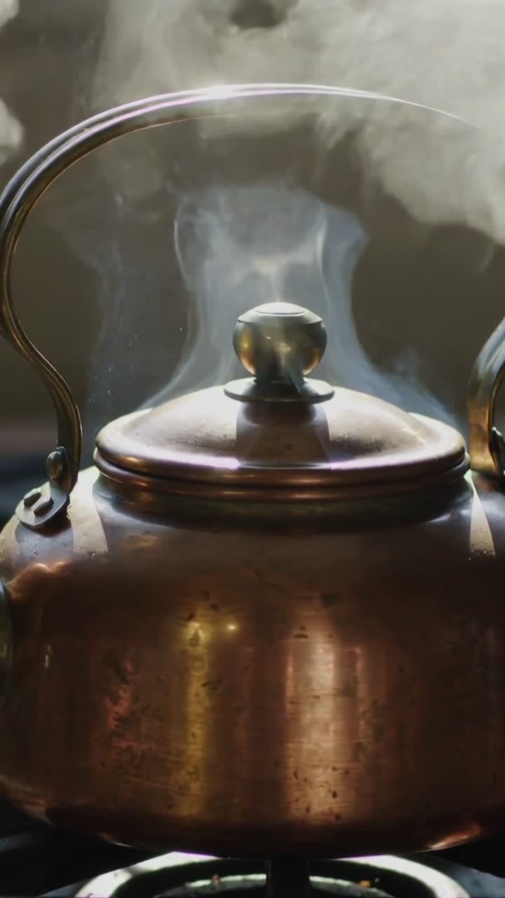 Video vertical: Tetera de cocina calentándose en un quemador, liberando una columna de vapor rizada que indica la ebullición.