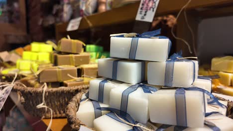 handmade soap display at a market