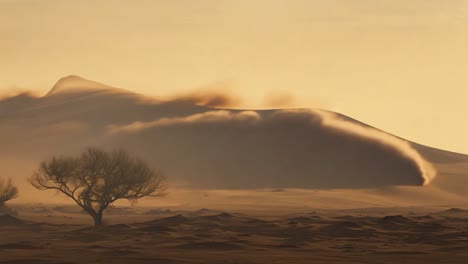 wind carries sand across a desert dune, highlighting a solitary tree in the foreground of a vast landscape