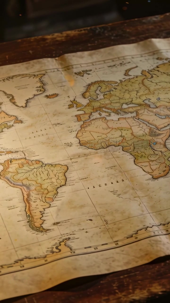 Vertikal video: Kamera panorerer, antikt kart avslører Europa og Afrika på et slitt trebord.