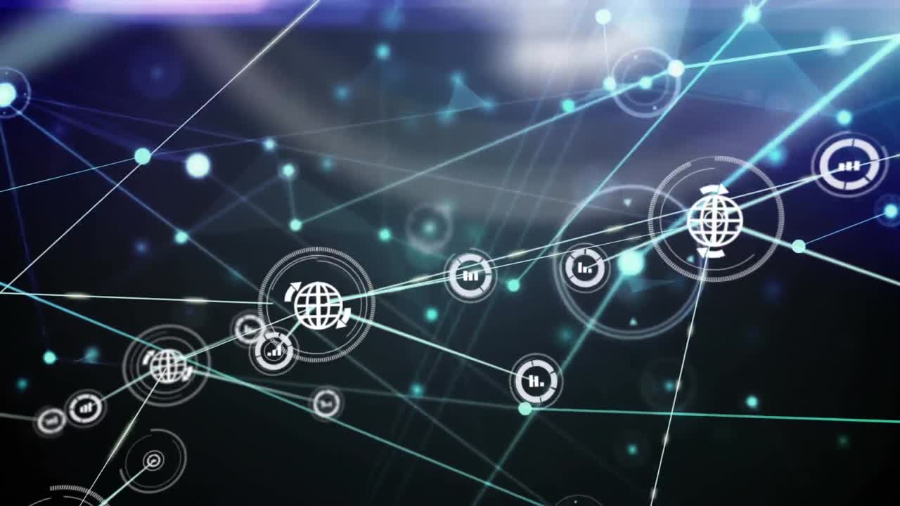 animación de la red de conexiones con iconos sobre luces de guante sobre fondo oscuro