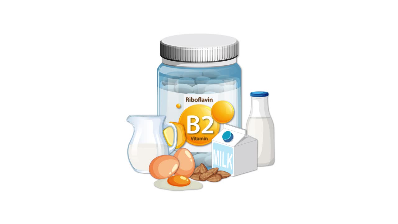 Vitamin B2 bottle with milk, eggs, and dairy products appearing, smooth transitions, white background