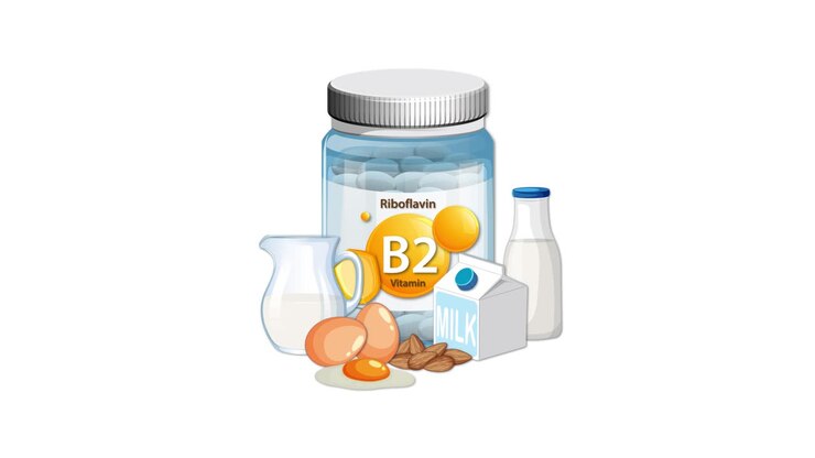Flacone di vitamina B2 con latte, uova e latticini, transizioni fluide, sfondo bianco