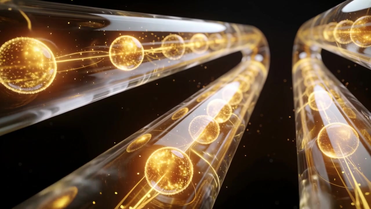 Sequence starting clear tubes carrying gold orbs inward in void, emitting light trails and sparks