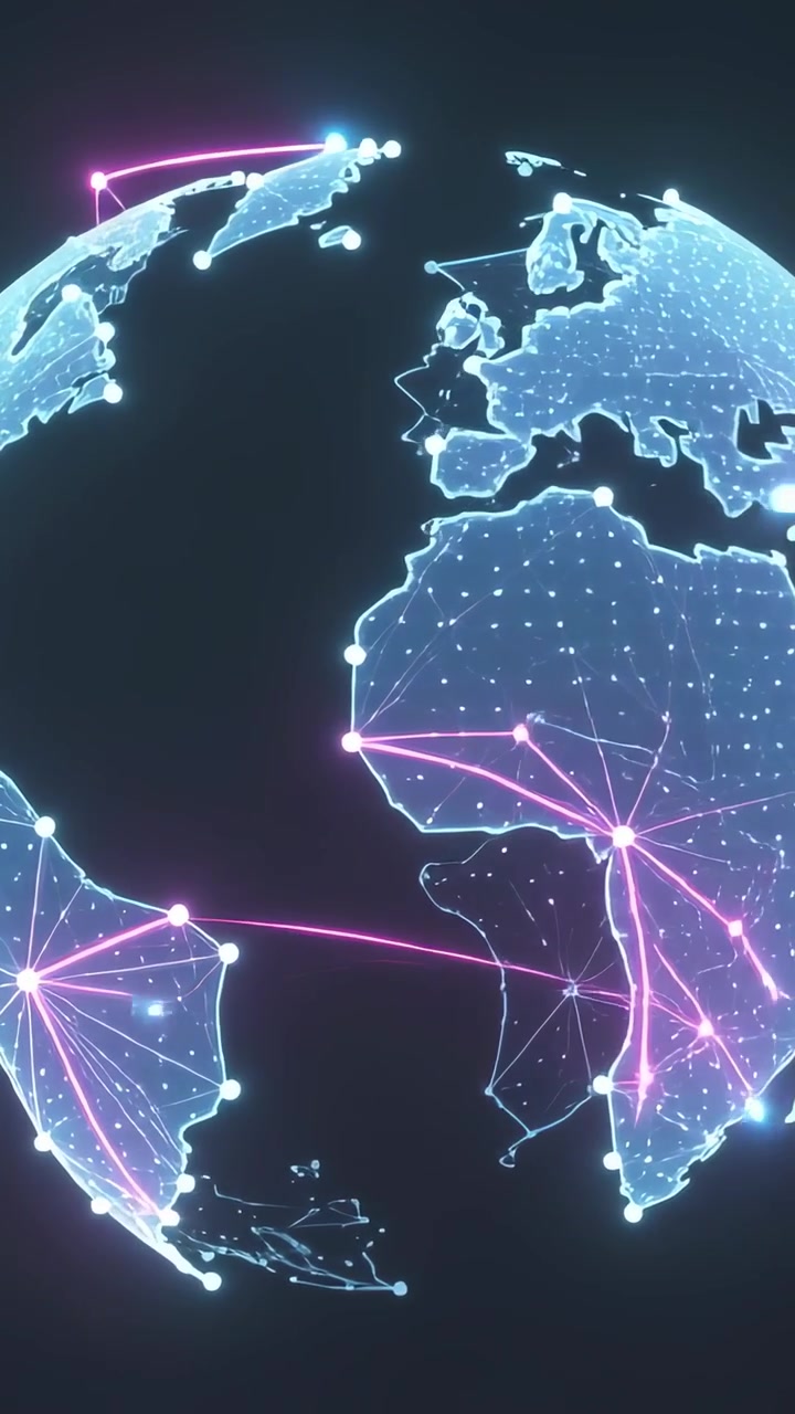 Vertical video: Turning digital globe showing magenta arcs from W Africa linking hubs to show net