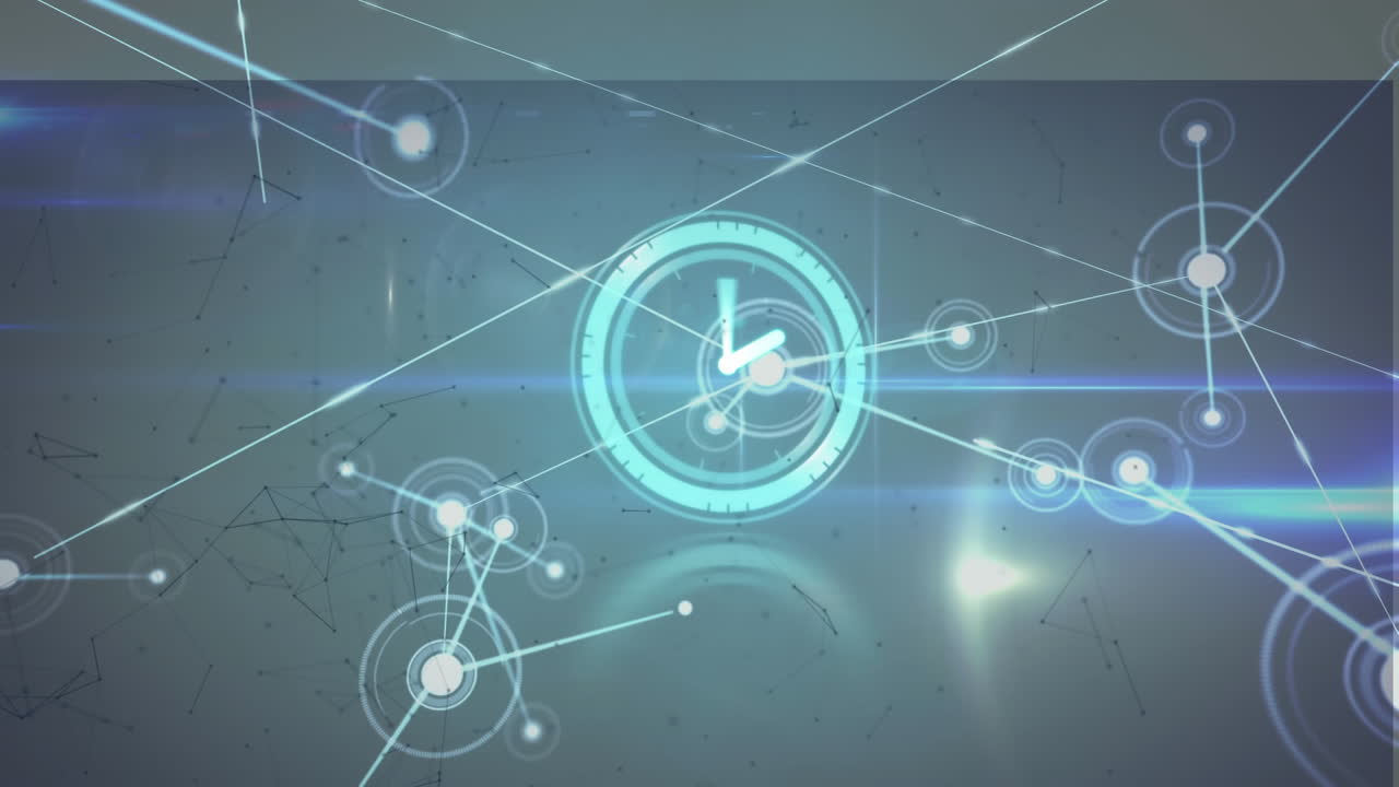 연결 네트워크를 통해 빠르게 움직이는 시계의 애니메이션