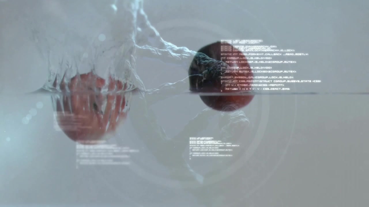 Droplet descending twisting into helix apples tumbling and splashing bubbles and fading overlays