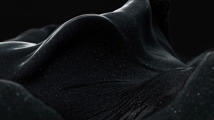 Superficie nera astratta con pieghe fluide, particelle scintillanti, delicati riflessi di luce, creste scultoree, texture lucida, ombre profonde e raffinato contrasto monocromatico in una scena scura e minimalista