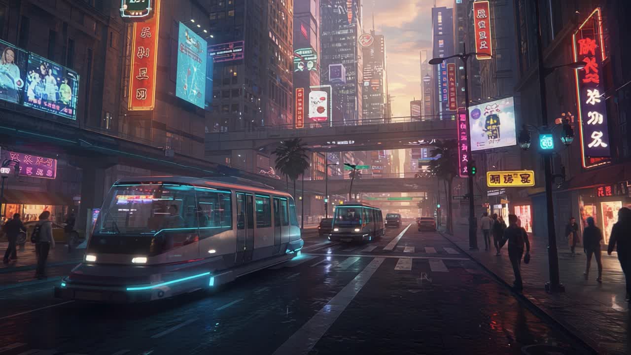 A mesmerizing urban scene captures a futuristic tram gliding through a neon-lit city street, surrounded by towering skyscrapers and vibrant advertisements at dusk