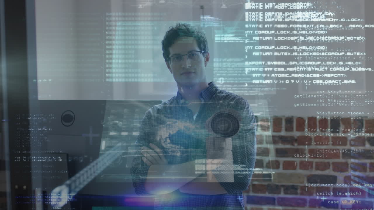 animación de procesamiento de datos sobre el hombre caucásico en la oficina