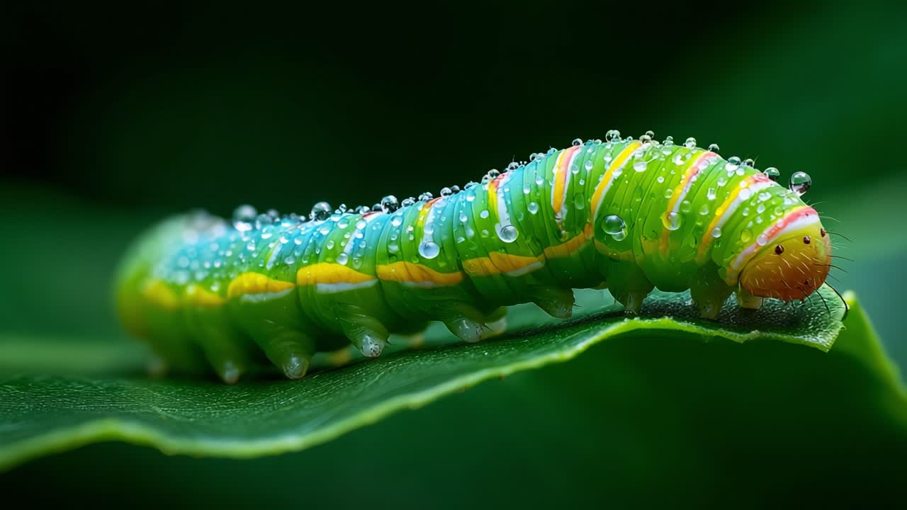 Close-Up of a Colorful Caterpillar Glimmering with Dew Drops on a Leaf in Vibrant Green and Yellow Shades, Showcasing Nature's Beauty in Macro Photography