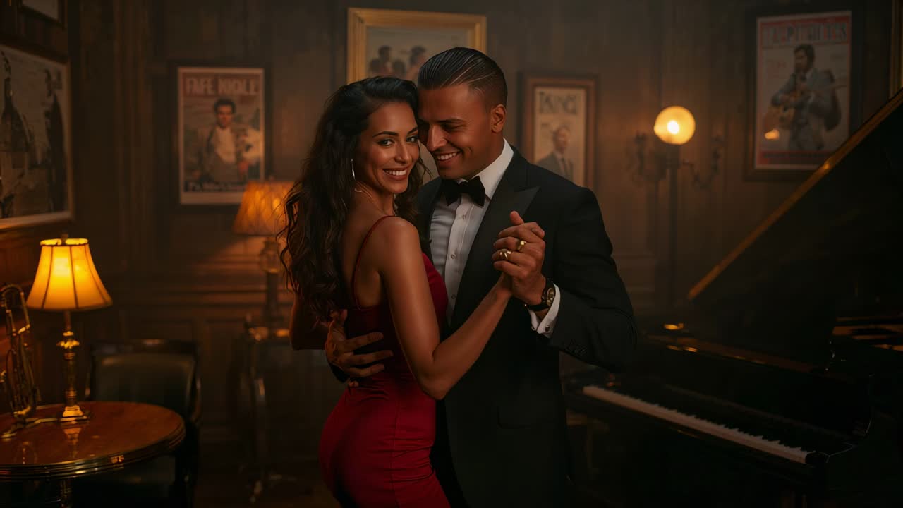 Casal dançando ao som de um piano de cauda, lounge pouco iluminado, mulher vestindo vestido vermelho, homem de smoking