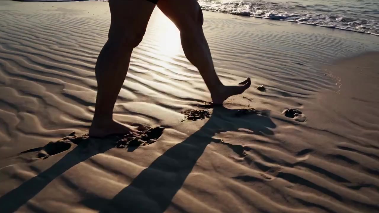 Persona che cammina a piedi nudi su una spiaggia sabbiosa al tramonto