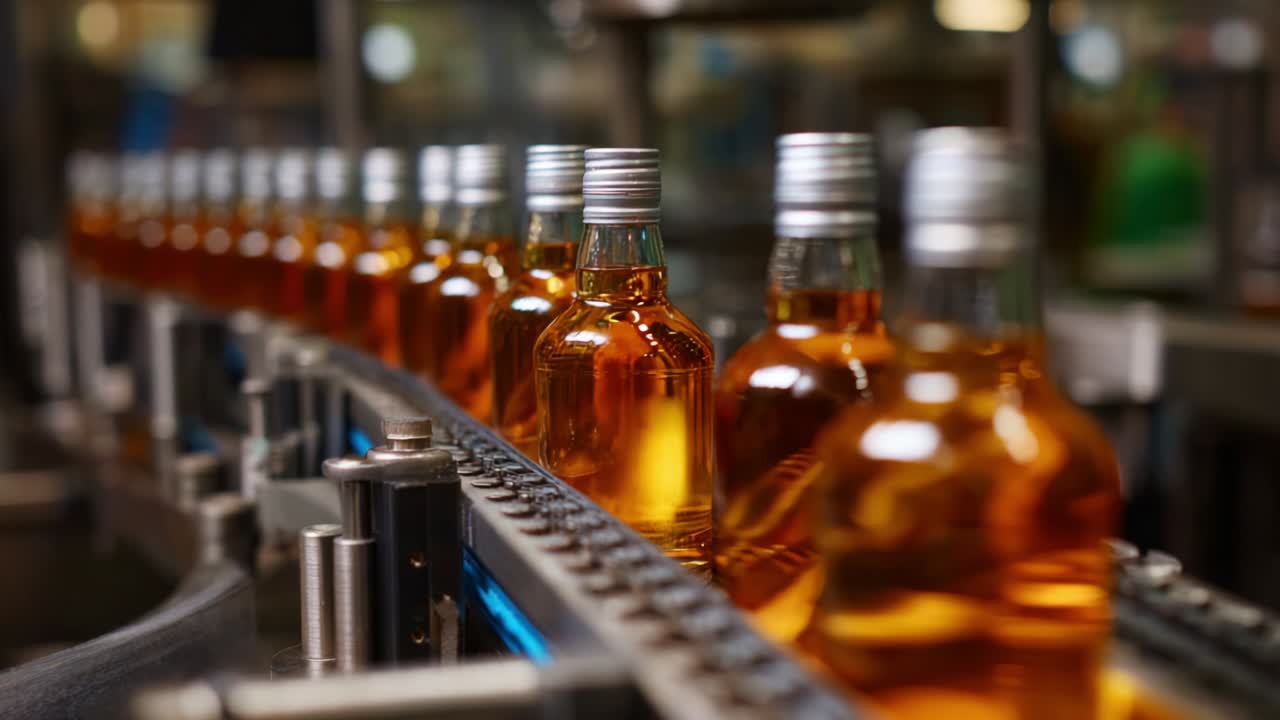 Uma perspectiva em close-up de uma linha de produção com bebidas engarrafadas, mostrando as garrafas cheias de líquido âmbar deslizando por um moderno processo de fabricação automatizado