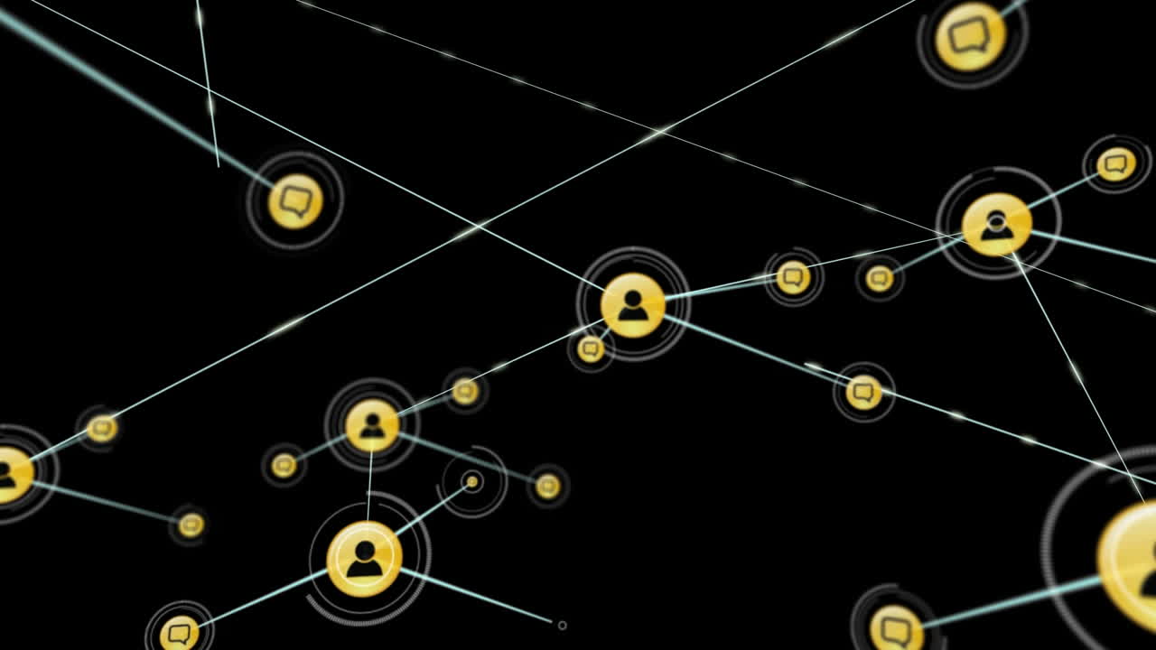 Animation of network of digital icons against black background