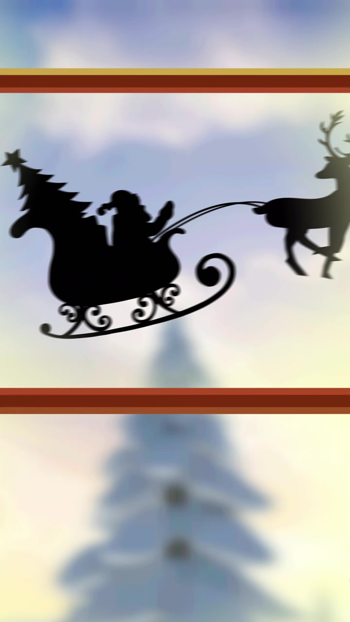 Animazione di Babbo Natale su slitta con renne, vista attraverso una finestra e decorazioni natalizie.
